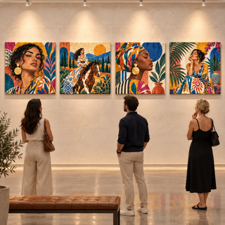 Nomad Muses: Four-panel canvas set displayed in an art gallery.