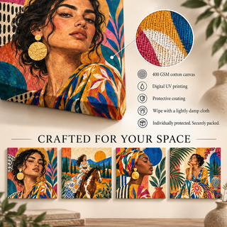 Nomad Muses: Canvas guide showing material, printed sides, care and secure packaging.