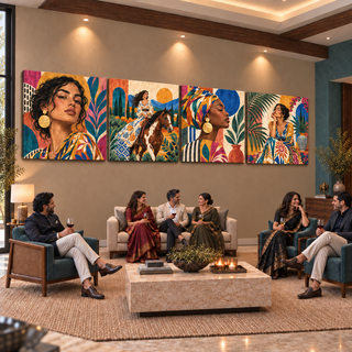 Nomad Muses: Four-panel canvas set in a styled living room with adults socialising.