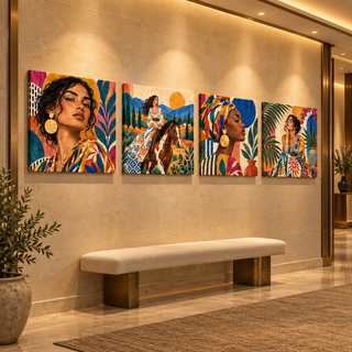 Nomad Muses: Four-panel canvas set in a hotel hallway.