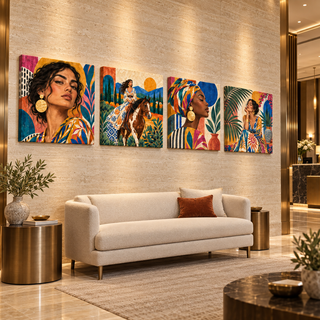 Nomad Muses: Four-panel canvas set in a hotel lobby.
