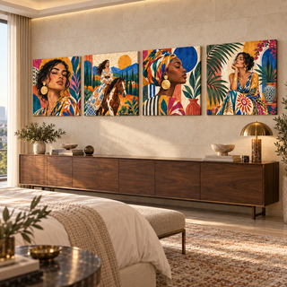 Nomad Muses: Four-panel canvas set in a spacious hotel suite.