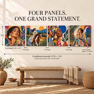 Nomad Muses: Size guide showing four 36-inch square panels and 144-inch combined artwork width excluding gaps.