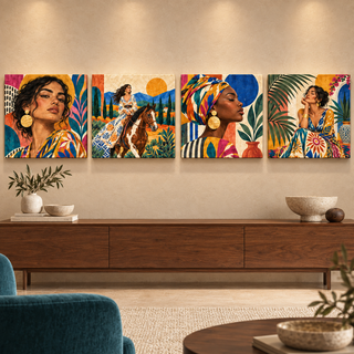 Nomad Muses: Straight view of four square canvas panels.