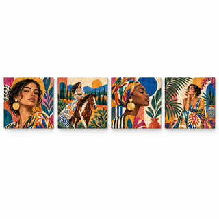 Nomad Muses: Four square canvas panels on a white background.