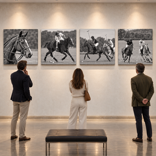 Polo Club: Four-panel canvas set displayed in an art gallery.