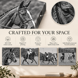 Polo Club: Canvas guide showing material, printed sides, care and secure packaging.