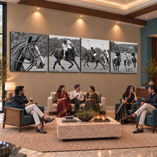Polo Club: Four-panel canvas set in a styled living room with adults socialising.