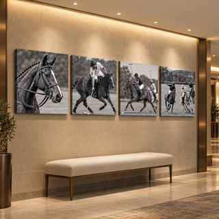 Polo Club: Four-panel canvas set in a hotel hallway.