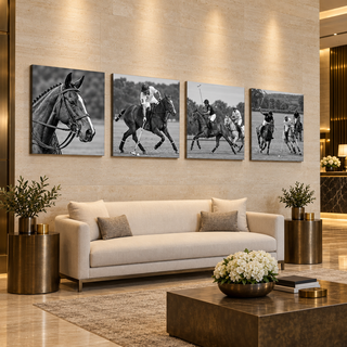 Polo Club: Four-panel canvas set in a hotel lobby.