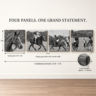 Polo Club: Size guide showing four 36-inch square panels and 144-inch combined artwork width excluding gaps.