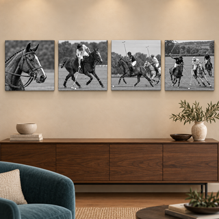 Polo Club: Straight view of four square canvas panels.