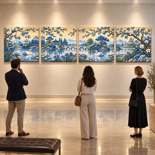 Porcelain Garden: Four-panel canvas set displayed in an art gallery.