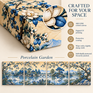 Porcelain Garden: Canvas guide showing material, printed sides, care and secure packaging.