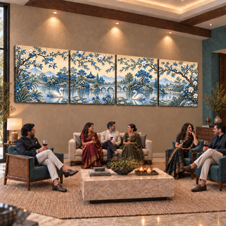 Porcelain Garden: Four-panel canvas set in a styled living room with adults socialising.
