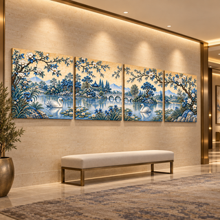 Porcelain Garden: Four-panel canvas set in a hotel hallway.