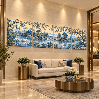 Porcelain Garden: Four-panel canvas set in a hotel lobby.