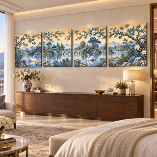 Porcelain Garden: Four-panel canvas set in a spacious hotel suite.