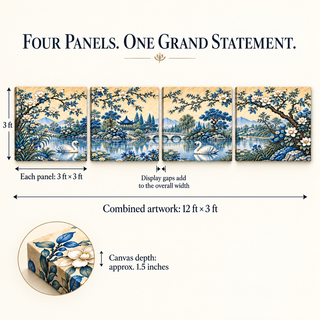 Porcelain Garden: Size guide showing four 36-inch square panels and 144-inch combined artwork width excluding gaps.