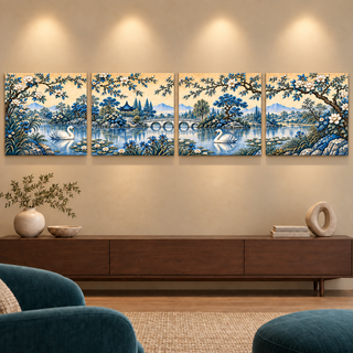 Porcelain Garden: Straight view of four square canvas panels.