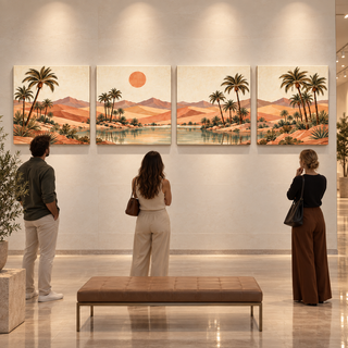 Terracotta Oasis: Four-panel canvas set displayed in an art gallery.