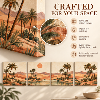 Terracotta Oasis: Canvas guide showing material, printed sides, care and secure packaging.