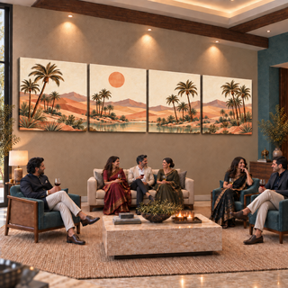Terracotta Oasis: Four-panel canvas set in a styled living room with adults socialising.