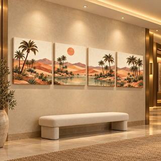 Terracotta Oasis: Four-panel canvas set in a hotel hallway.