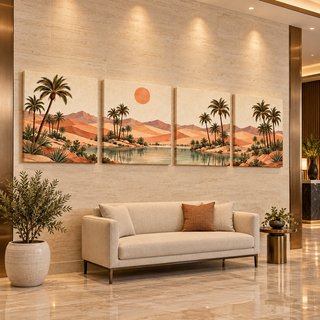 Terracotta Oasis: Four-panel canvas set in a hotel lobby.