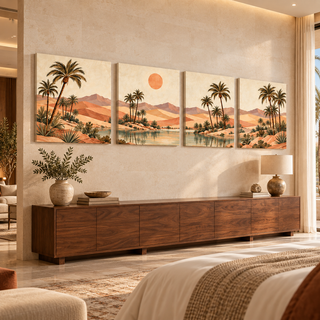 Terracotta Oasis: Four-panel canvas set in a spacious hotel suite.