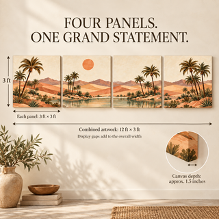 Terracotta Oasis: Size guide showing four 36-inch square panels and 144-inch combined artwork width excluding gaps.