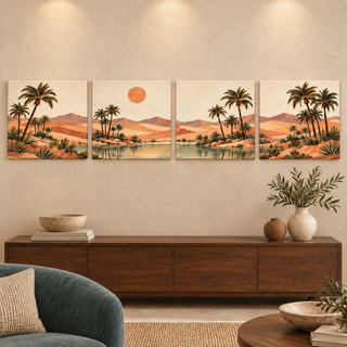 Terracotta Oasis: Straight view of four square canvas panels.