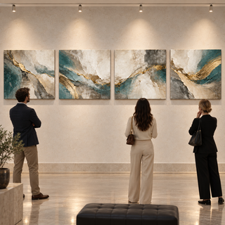 The Gilded Veil: Four-panel canvas set displayed in an art gallery.
