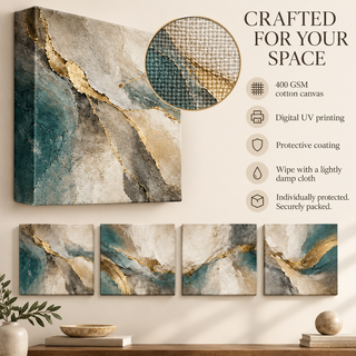 The Gilded Veil: Canvas guide showing material, printed sides, care and secure packaging.