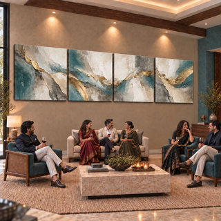 The Gilded Veil: Four-panel canvas set in a styled living room with adults socialising.