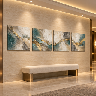 The Gilded Veil: Four-panel canvas set in a hotel hallway.