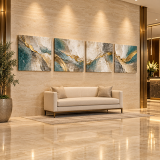 The Gilded Veil: Four-panel canvas set in a hotel lobby.