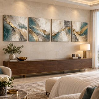 The Gilded Veil: Four-panel canvas set in a spacious hotel suite.