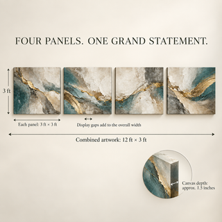 The Gilded Veil: Size guide showing four 36-inch square panels and 144-inch combined artwork width excluding gaps.
