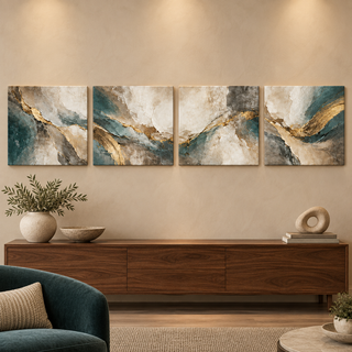The Gilded Veil: Straight view of four square canvas panels.