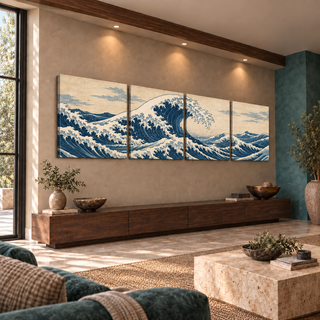 The Great Tide four-panel canvas set with continuous Japanese-inspired indigo and ivory ocean waves with a large central crest, displayed from the left in a beige-and-teal interior.