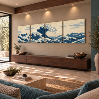 Right-angle view of The Great Tide, showing four coordinated canvas panels and their printed gallery-wrapped sides.