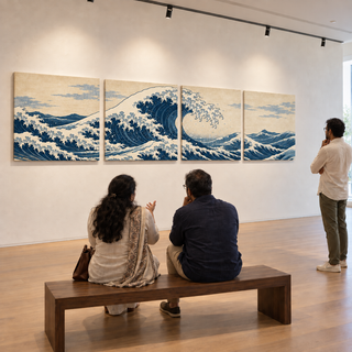 Visitors viewing The Great Tide, displayed as a four-panel composition on a light gallery wall.