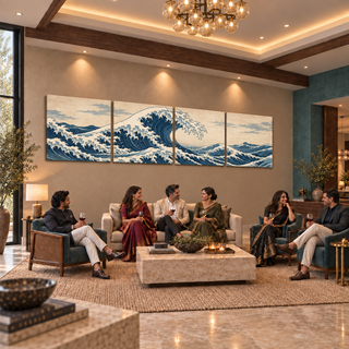 The Great Tide four-panel canvas set above a seating area with six adults chatting in a styled luxury living room.