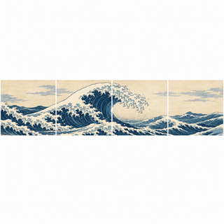 The Great Tide, showing continuous Japanese-inspired indigo and ivory ocean waves with a large central crest across four panels on a white presentation background.