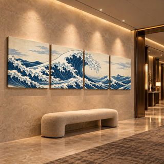 The Great Tide four-panel canvas set displayed above a cream bench in a warmly lit stone hotel hallway.