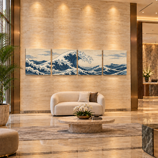 The Great Tide four-panel canvas set above a compact cream settee in a stone-and-bronze hotel lobby.