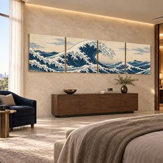 The Great Tide displayed across four canvas panels above a walnut credenza in a styled hotel suite.