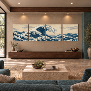 Front view of The Great Tide, a continuous composition displayed across four square canvas panels.