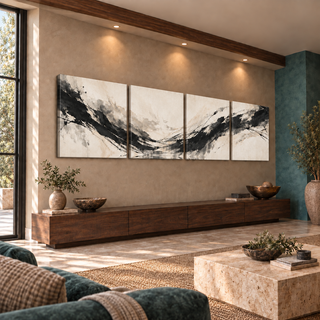 The Ivory Current four-panel canvas set with continuous sweeping black strokes and smoky grey washes on a pale ivory ground, displayed from the left in a beige-and-teal interior.